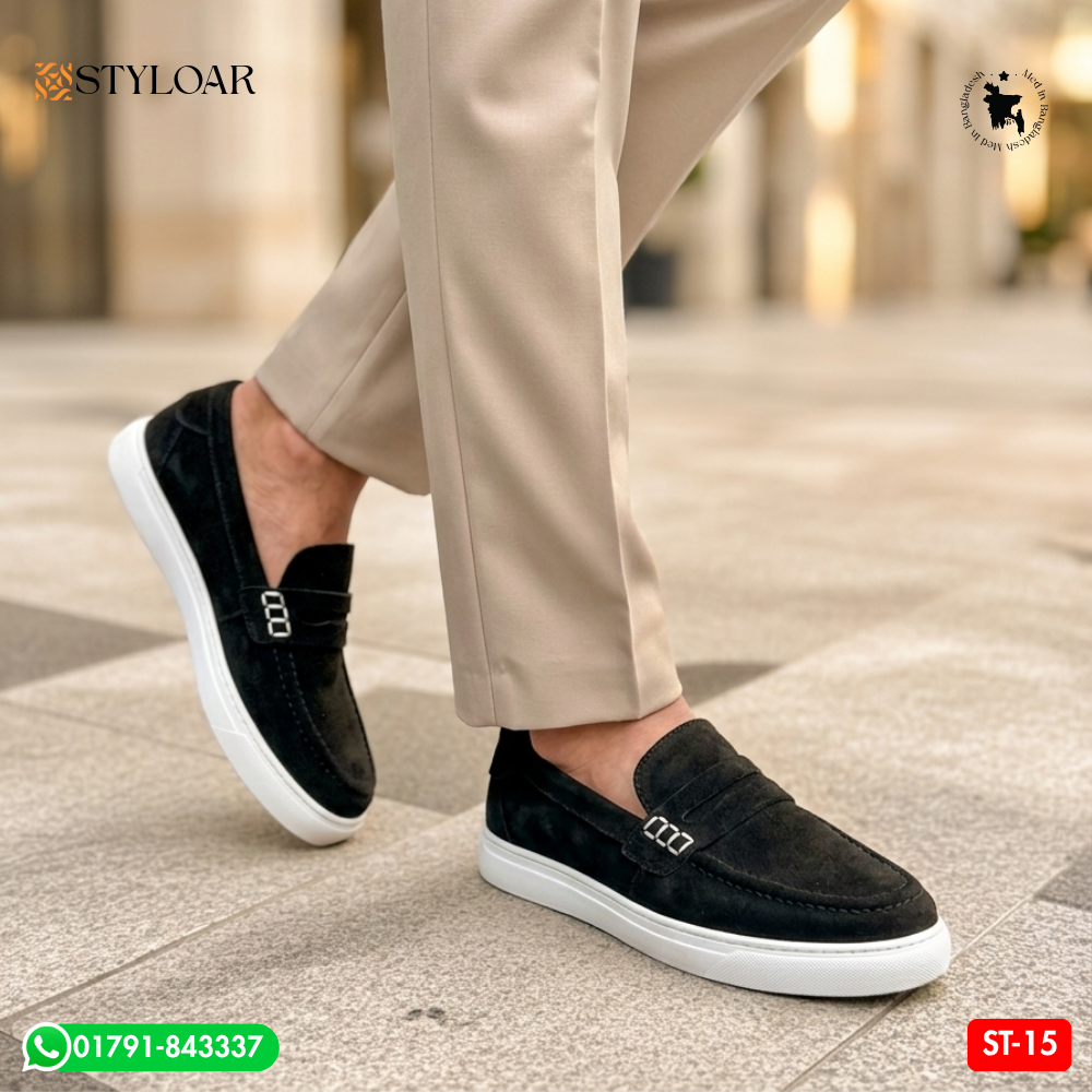 Suede Leather Penny Slip-on Casual Loafers Black ST-15